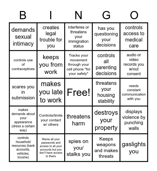 Coercive Control Bingo Card