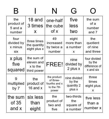 Expressions Bingo Card