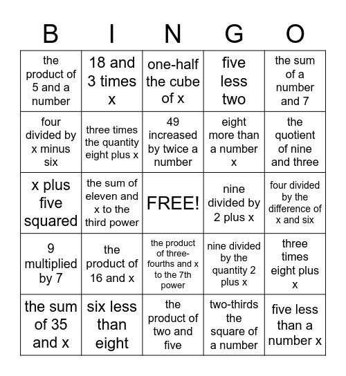 Expressions Bingo Card