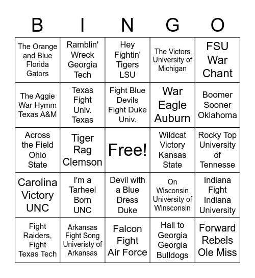 The Best of Gameday College Fight Songs Bingo Card