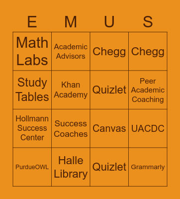 Academic Resources Bingo Card