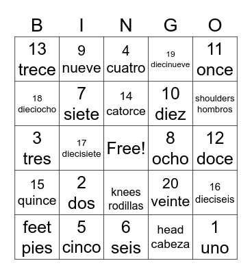 Spanish Numbers 1-20 Bingo Card