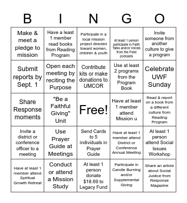 United Women in Faith Bingo Card