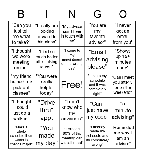 Peak Advising Bingo Card