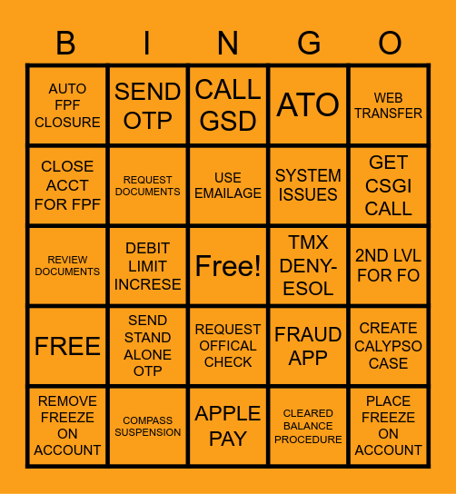 BFU SERVICING Bingo Card