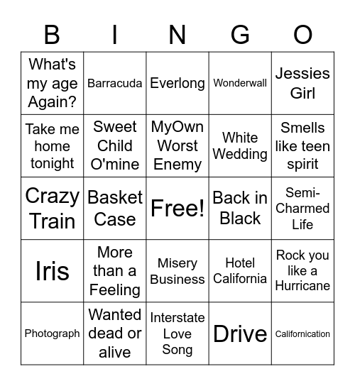 Round 2 Rock Hits Bingo Card