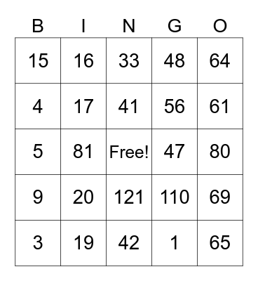 Multiplication & Division Bingo Card