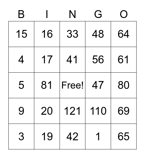 Multiplication & Division Bingo Card
