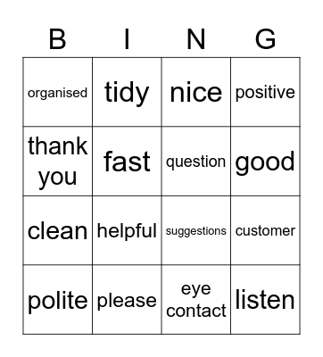 customer service Bingo Card