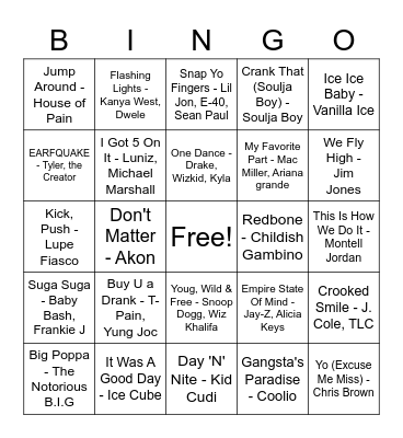 Hip-Hop Hits Bingo Card