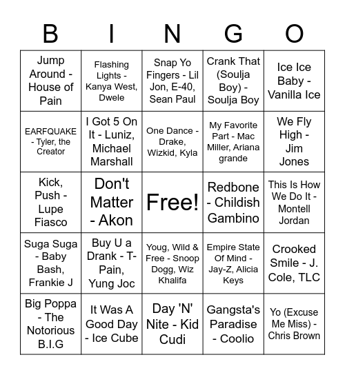 Hip-Hop Hits Bingo Card