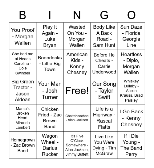 Country Music Bingo Card