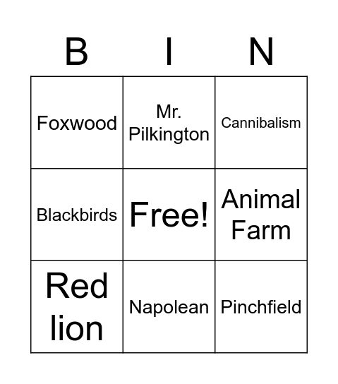 Animal Farm Bingo Card