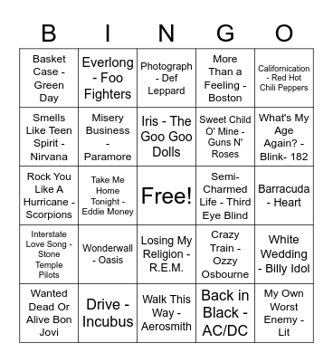Music Bingo Rock Hits Bingo Card