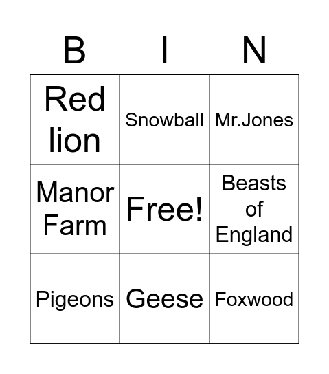 Animal Farm Bingo Card