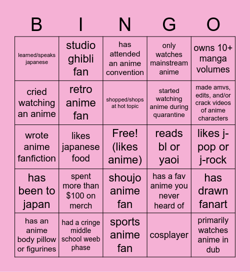 anime club bingo Card