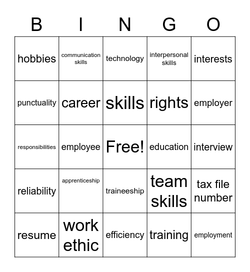 Work Education Bingo Card