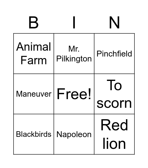 Animal Farm Bingo Card