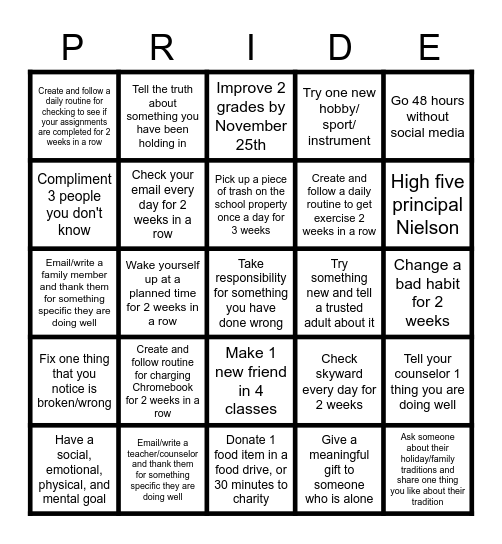 Term 2 Willowcreek PRIDE Bingo Card