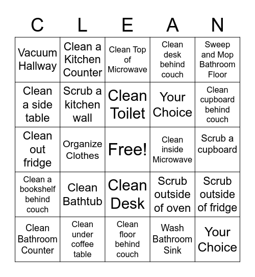 Daily Cleaning Bingo Card