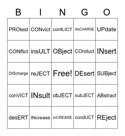 Word stress Bingo Card