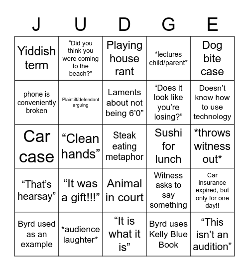 Judge Judy Bingo Card