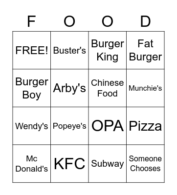 Take Out Bingo Card