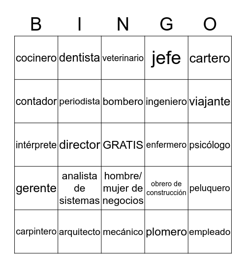 Los oficios y las profesiones Bingo Card