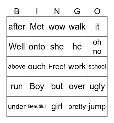 Parts of Speech Bingo Card