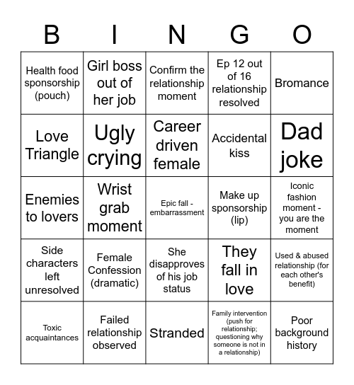 Kdrama Bingo Board Bingo Card