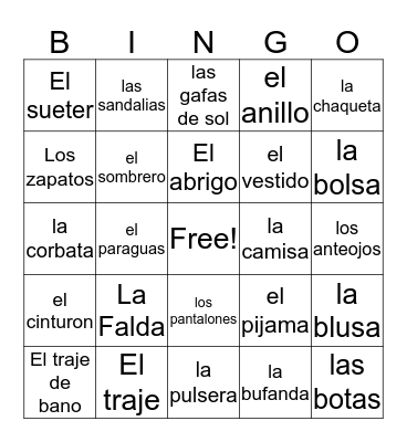 La Ropa Bingo Card