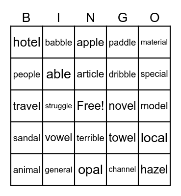 Consonant + le, al, el Bingo Card