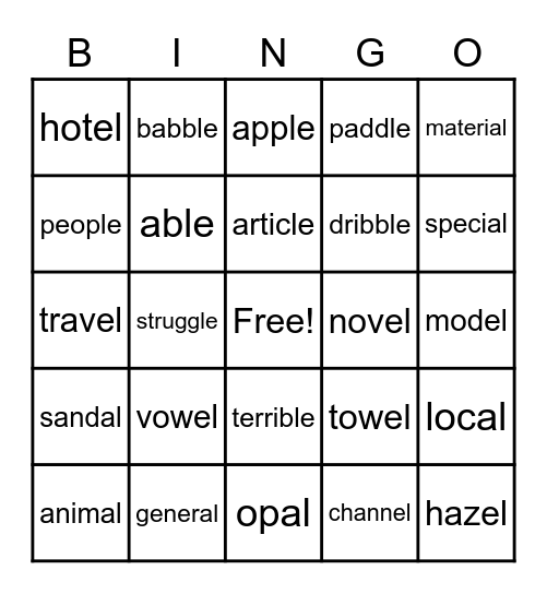 Consonant + le, al, el Bingo Card