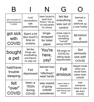 COVID experiences BINGO Card