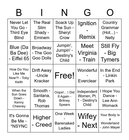 Billboard Top 100 - 00's Bingo Card