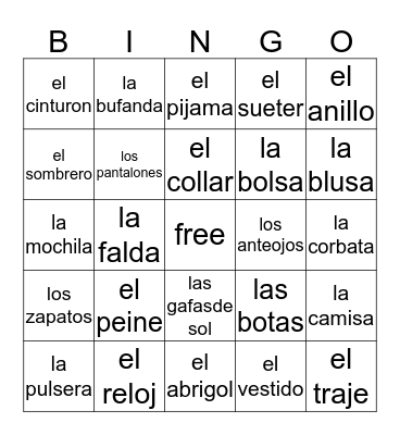 La Ropa Bingo Card