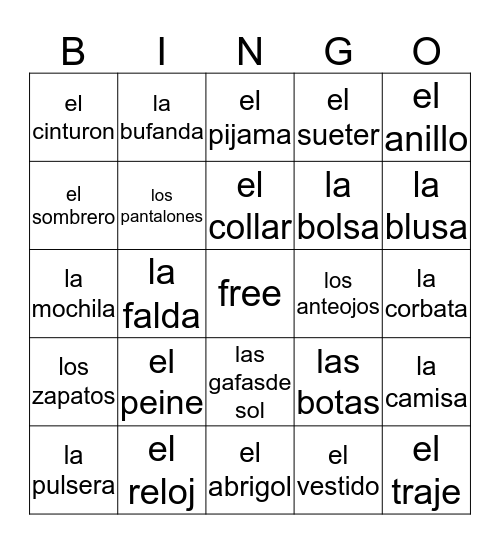 La Ropa Bingo Card