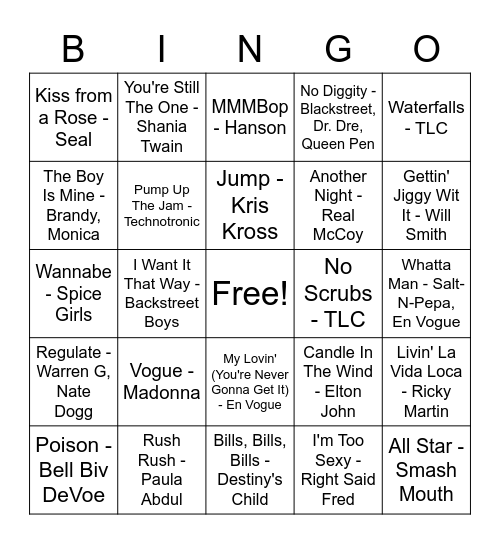 Billboard Top 100 - 90's Bingo Card