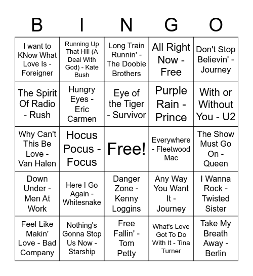 80's Power Ballads Bingo Card