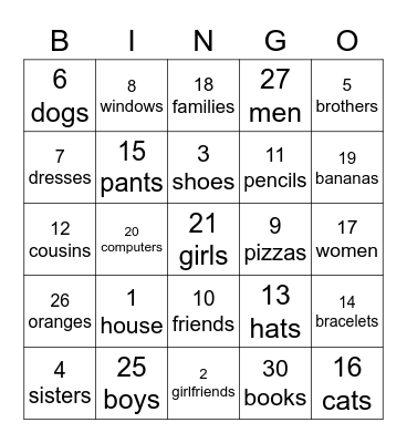 Les nombres 1-30 Bingo Card