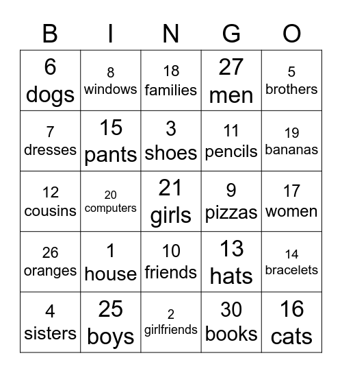 Les nombres 1-30 Bingo Card