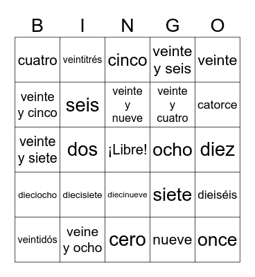 Spanish Numbers 0-30 Bingo Card