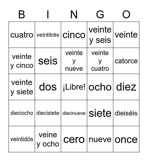 Spanish Numbers 0-30 Bingo Card