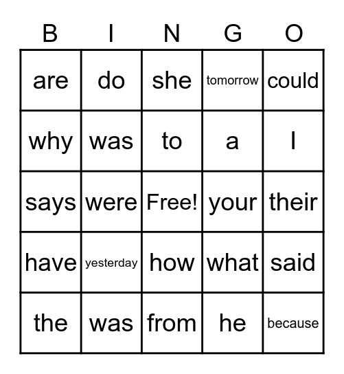 Sight Word Bingo Card