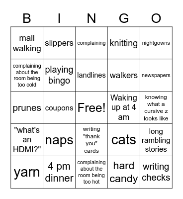 Old people Bingo Card