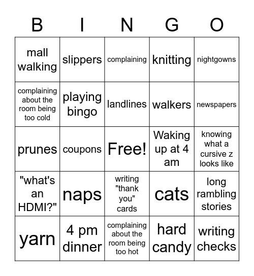 Old people Bingo Card