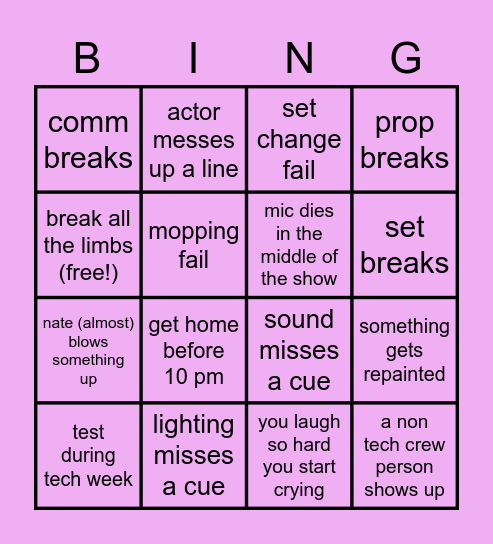 CREW BINGO: The Importance of Being Earnest Bingo Card