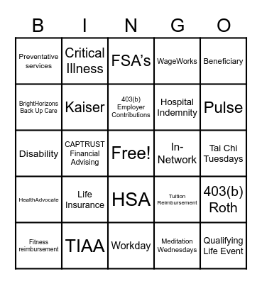 BENEFITS BINGO Card