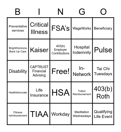 BENEFITS BINGO Card