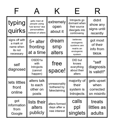 DID/OSDD faker bingo Card